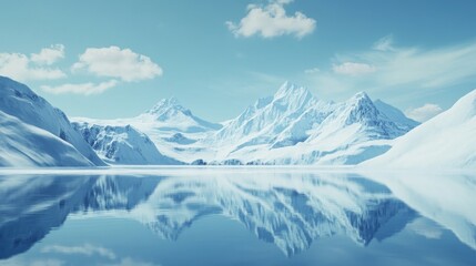 Serene winter landscape with majestic mountain and a reflective icy lake under a clear blue sky.