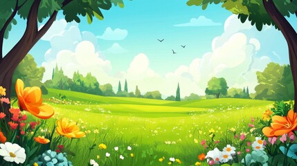 Naklejka premium A vibrant, animated landscape featuring flower, tree, and a bright sky, perfect for nature themes.