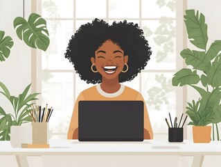 Flat illustration of woman laughing while working on her laptop in cozy home office, capturing joy and productivity in sunlit room adorned with plants, conveying happiness of remote work lifestyle.