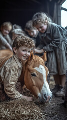 Fototapeta premium Children spending quality time with horses, engaging in a joyful and peaceful outdoor experience, fostering a connection with nature and animals.