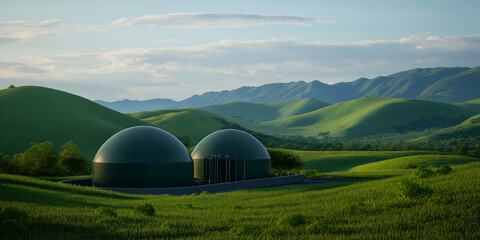 Obraz premium Two massive biogas digesters are situated in a lush field. Generating renewable energy with rolling hills and a cloudy sky in the background