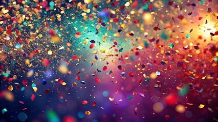 A celebration of color, joy, and light, a dazzling display of falling confetti against a vibrant background of blurred bokeh and sparkling dust.