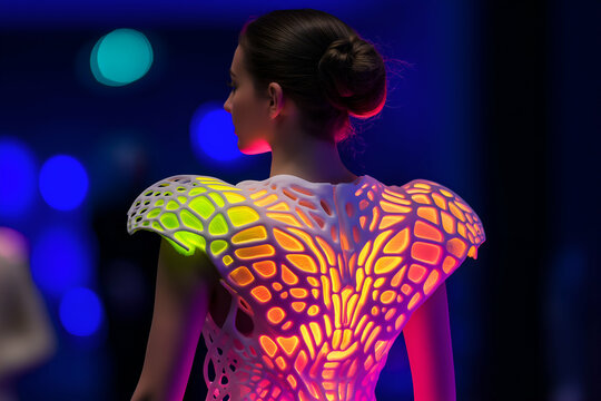 Fashion model presents an illuminated, 3d printed wearable tech dress, showcasing innovation in fashion and technology at a futuristic event with colorful bokeh lights in the background