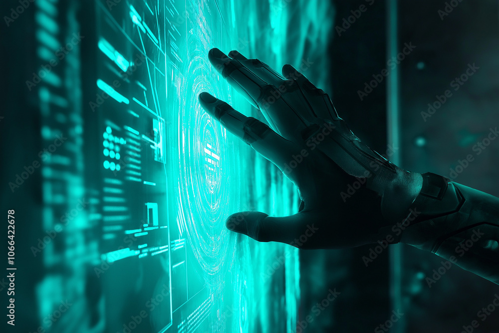 Poster digital hand reaches out to interact with glowing screen