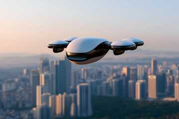 Fototapeta premium Futuristic white delivery drone flies over city at sunset, highlighting urban aerial logistics and smart city technology