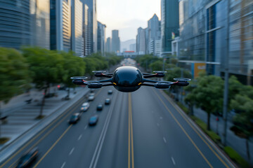 Futuristic urban environment with skyscrapers and trees, showcasing innovative passenger drone flying above road traffic