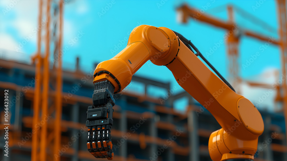 Poster black robotic hand attached to an orange arm is displayed against a blurry backdrop of a constructio