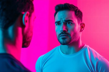 Obraz premium Intense moment captured between two men in vibrant pink and blue lights, showcasing emotion and connection.