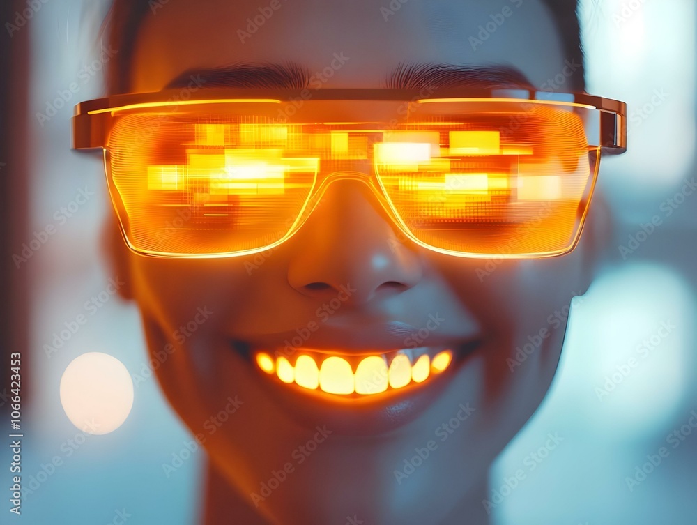 Poster flat macro image smiling face holographic projections smart glasses concept close-up joyful expressi