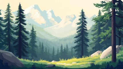 A serene mountain landscape with pine tree, grass, and distant peaks under a soft sky.