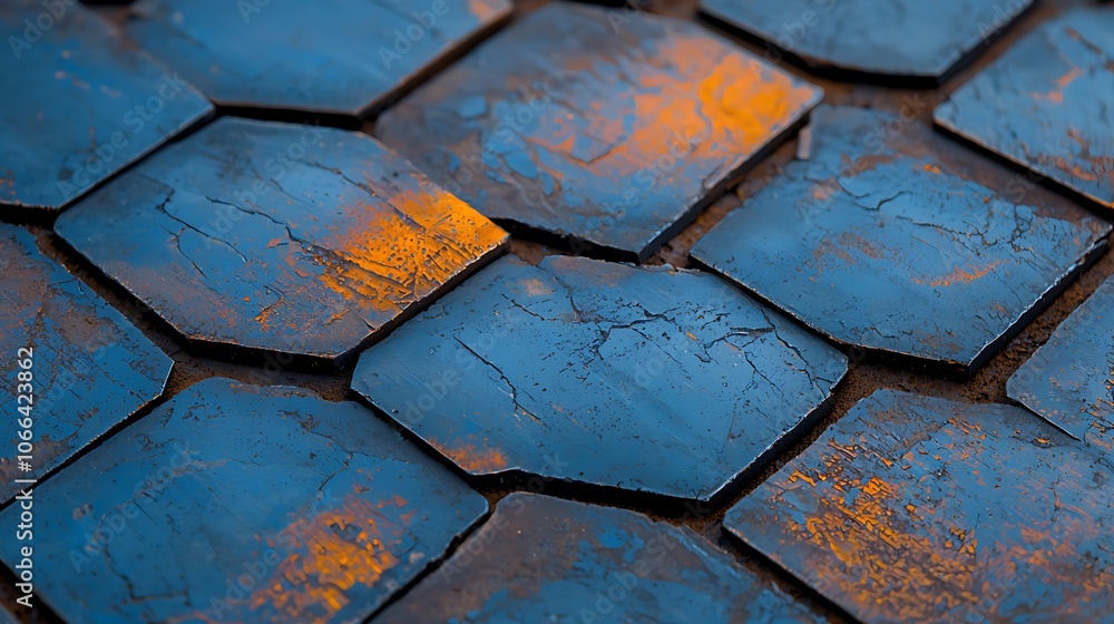 Poster explore the intricate textures and colors of unique blue hexagonal tiles in modern design