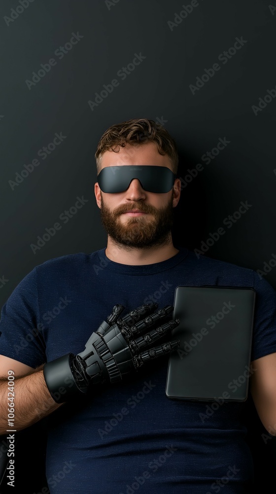 Poster man with a bionic arm and a vr headset is using a tablet, illustrating the fusion of technology and 