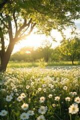 Beautiful Sunlit Meadow with Blooming Daisies and Lush Green Trees in a Serene Natural Landscape at Sunrise