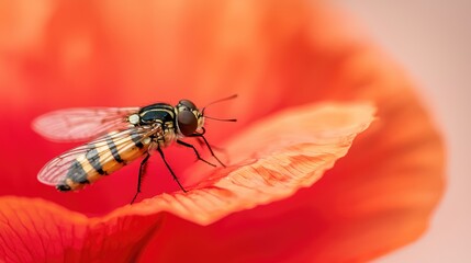 A stunning hoverfly resting on a vibrant poppy flower in nature's beauty