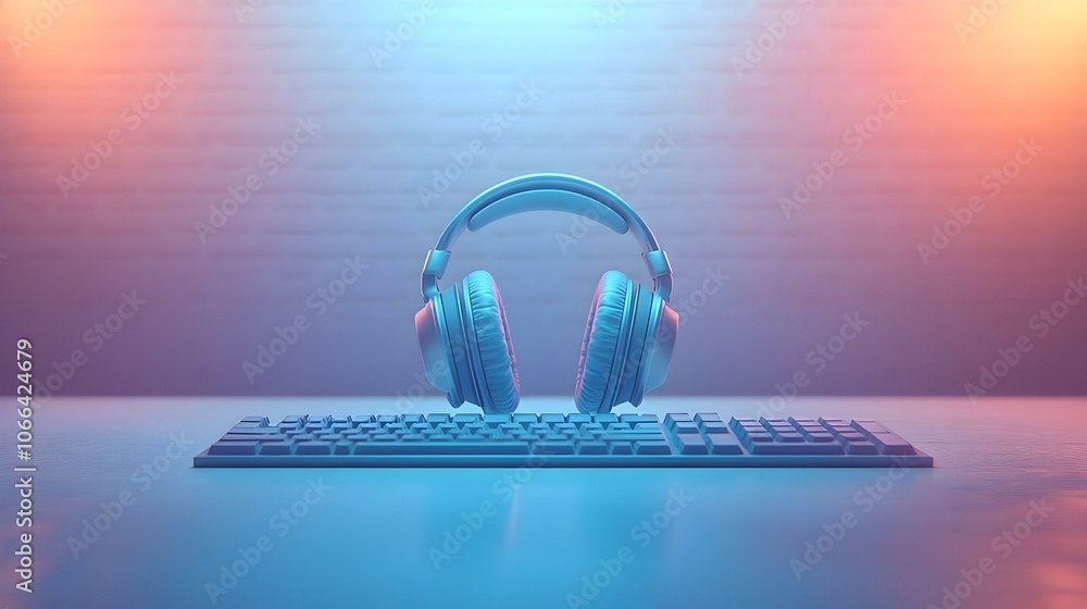Poster 3d glossy headset keyboard background plain desk copy space remote communication comfort modern work