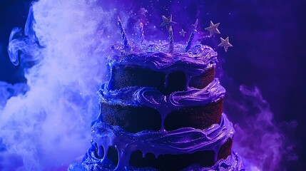 Whimsical galaxy birthday cake with floating tiers, swirling nebula frosting, edible stars bursting out, magical sparkles