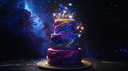 Whimsical galaxy birthday cake with floating tiers, swirling nebula frosting, edible stars bursting out, magical sparkles