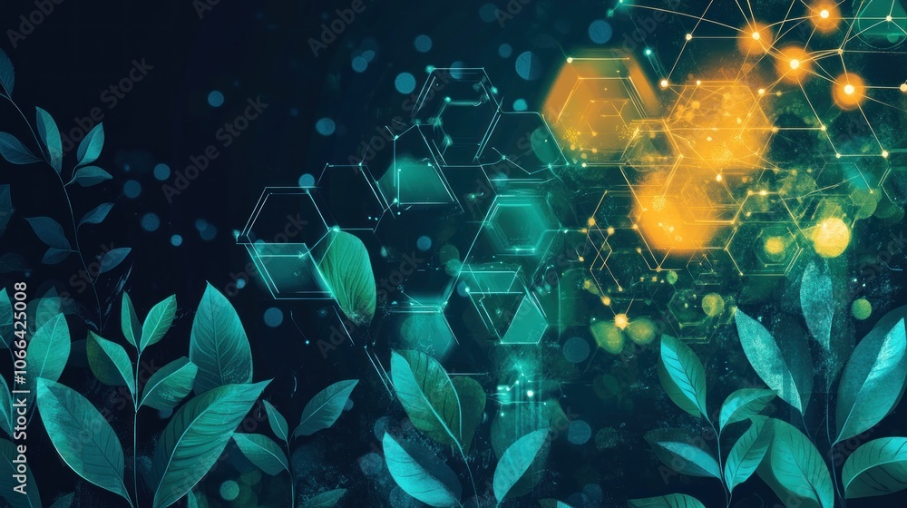 Poster abstract background with green leaves and glowing geometric shapes.