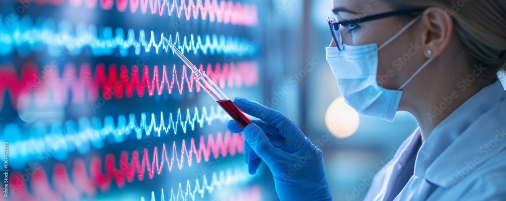 Aufkleber a focused scientist analyzes data on a digital screen, showcasing modern laboratory technology and m