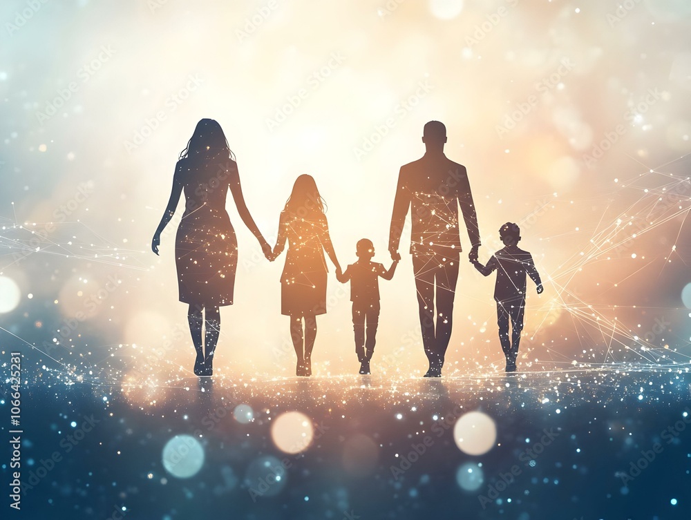 Poster flat silhouette family connected digital lines bokeh background abstract image symbolizing strong bo