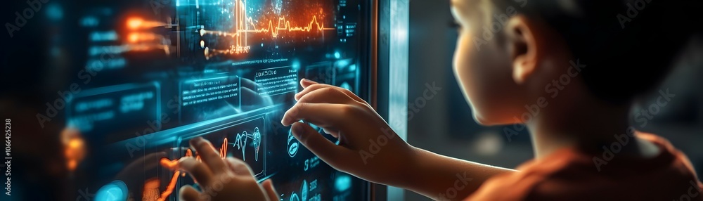 Poster Macro Shot Family Using Futuristic Kitchen Gadget Projecting Holographic Recipe Steps - Close Up Dynamic Interaction Cooking Together Symbolizing Family Bonding with Tech Enhanced Culinary Experience