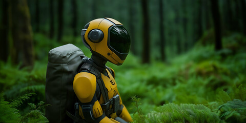 Futuristic robot ranger with backpack exploring a vibrant green forest, showcasing the integration of technology and nature conservation
