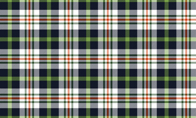 Plaid fabric pattern, navy blue, white, green, orange, seamless for textile and design clothes skirt pants apron tablecloth blanket or decoration fabric. Vector illustration.