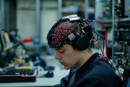 Young male technician wearing a brain computer interface helmet with exposed circuitry and headphones, working in a high tech laboratory environment