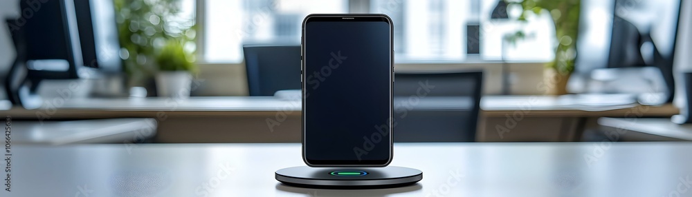 Poster glossy smartphone charging wireless pad plain background ample copy space remote work convenience ph