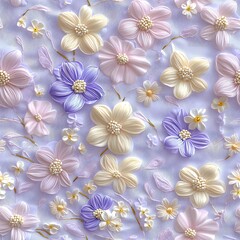 Delicate purple, pink, and cream flowers create a beautiful floral pattern on a light purple background.