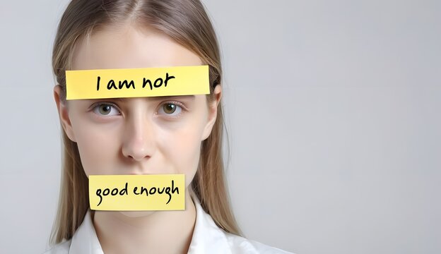 Woman with stick note on forehead and mouth - I am not good enough -  Self-doubt or lack of confidence self-talk, regarding self and abilities - feeling insecurity, awareness of one own limitations