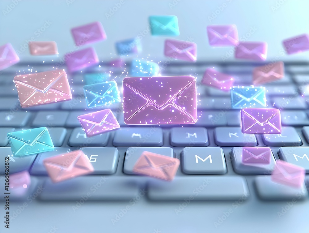 Poster holographic email notifications above keyboard macro shot futuristic work from home advanced communi