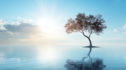 A solitary tree stands in calm water under a bright sky, reflecting tranquility and nature's beauty.