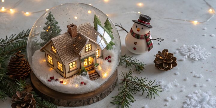 A miniature winter scene with a snow globe, a miniature house with lit windows, and a snowman surrounded by pine branches, pine cones, and fake snow.