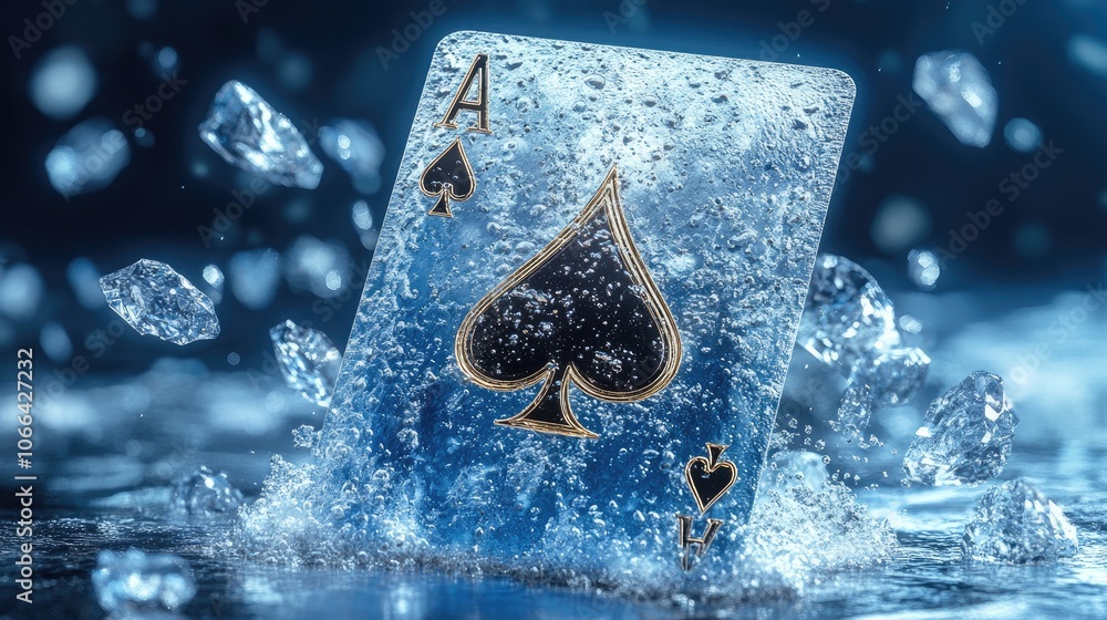 Poster an ace of spades playing card frozen in a block of ice, surrounded by ice shards and water.
