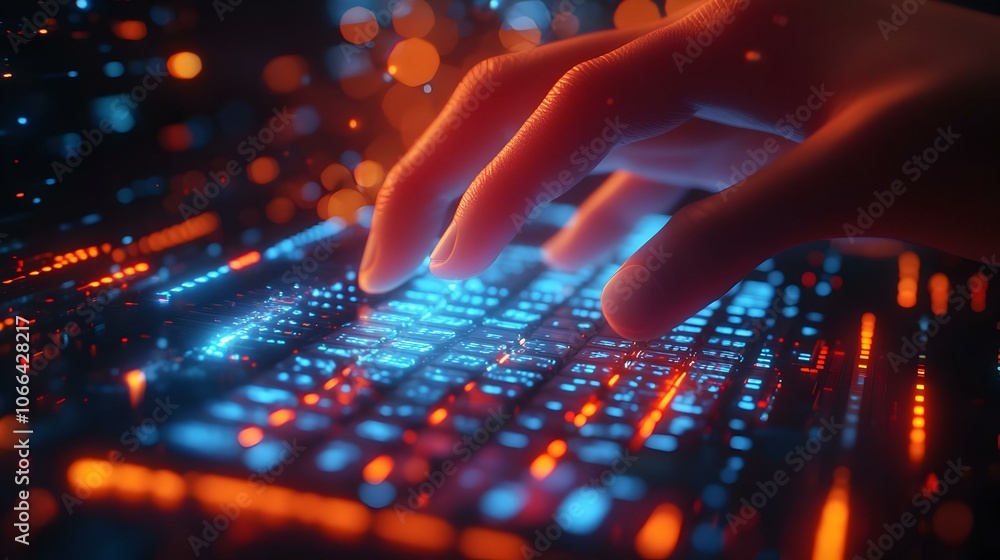 Poster 3d close up fingers typing holographic keyboard futuristic device macro shot soft glows tactile inte