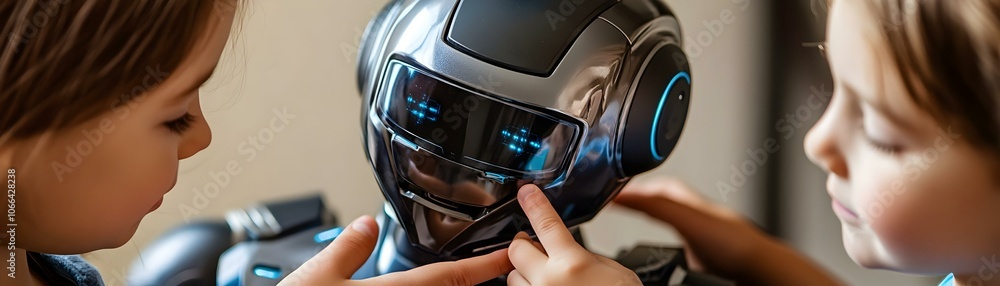 Poster macro image family pet robot close up children hands affectionate touch textures expressions robotic
