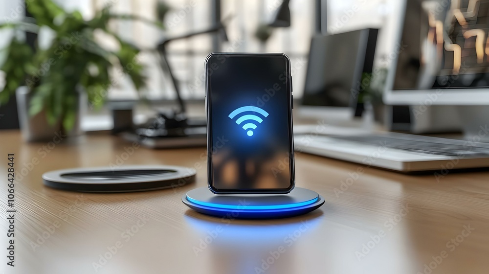 Poster 3d plain background glossy smartphone wireless charging pad ample copy space remote working convenie