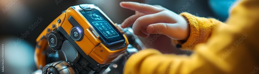 Poster macro shot child hand controlling smart toy robot wearable device close-up interactive play family a