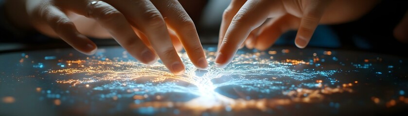 Macro Shot Family Fingers Touching Holographic Family Tree Projection Close Up Image Family Interacting 3D Holographic Tree Futuristic Device Emphasizes Family History Bonding Technological Exploratio