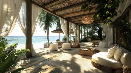 Fototapeta premium Tropical Patio with Ocean View and White Curtains
