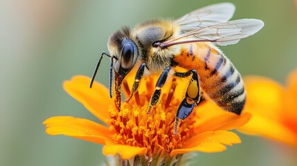 Fototapeta premium Bees pollinate vibrant orange flowers supporting ecosystem health and biodiversity
