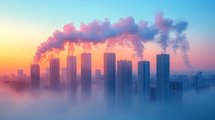 Fototapeta premium Vibrant Skyline with Smokestacks at Sunrise