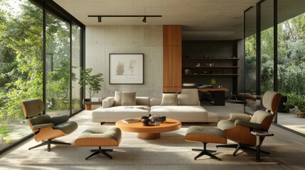 Fototapeta premium Modern Living Room with Large Windows and Natural Light