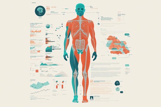 Detailed anatomical illustration showcasing the human body, featuring skeletal and muscular systems with informative graphics.