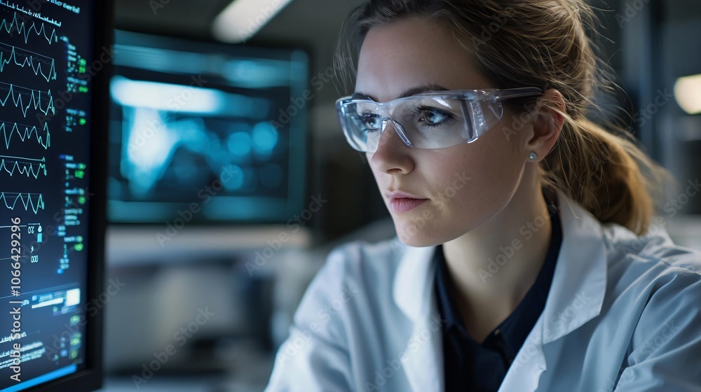 Poster focused scientist analyzes data on screen, showcasing innovation and technology in a modern laborato