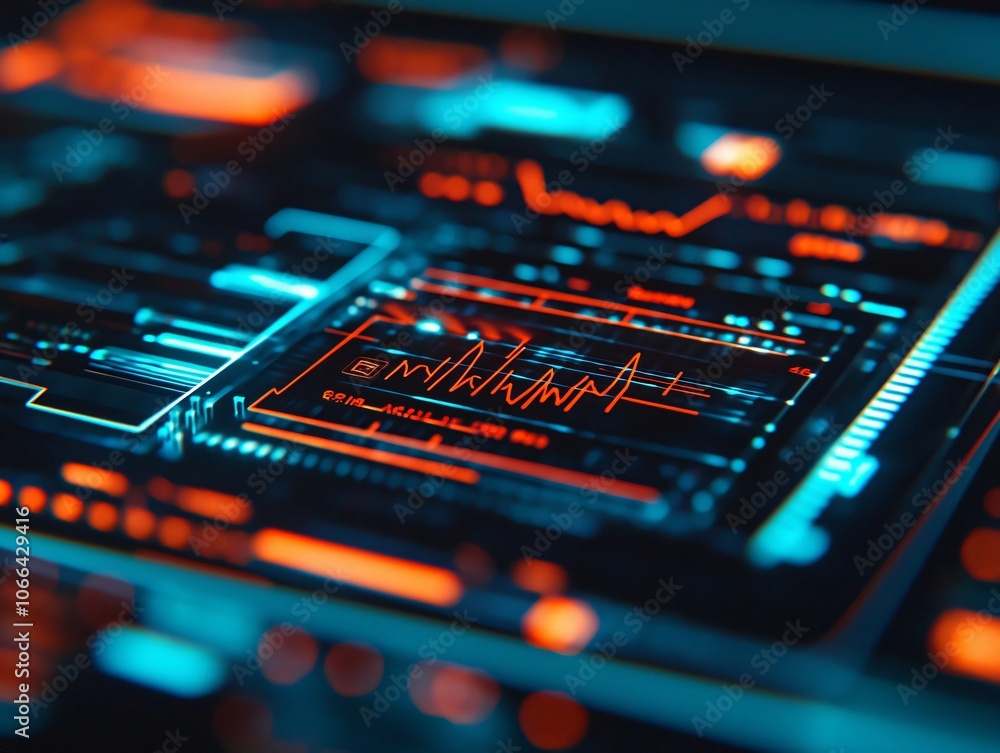 Poster futuristic digital interface displaying data analysis and heartbeat metrics, featuring neon colors a