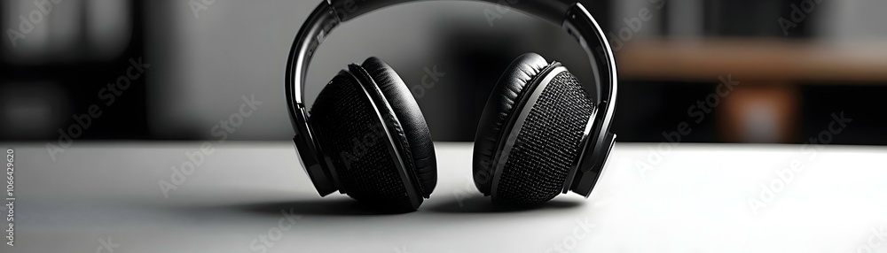 Poster glossy headphones on plain desk background with copy space for remote work comfort - stationary came