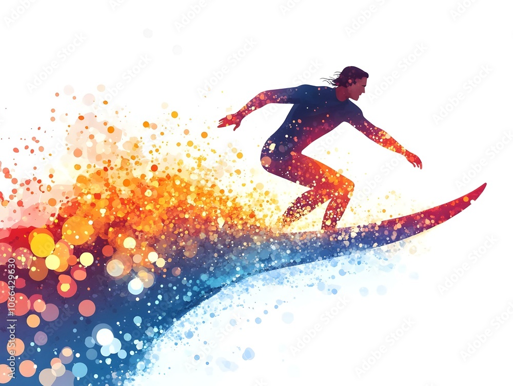 Poster flat digital art person surfing bokeh waves smooth workflow concept vector illustration creative dyn