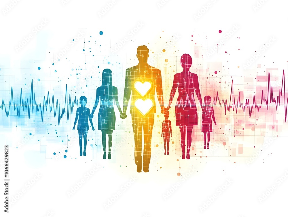 Aufkleber flat close up family holographic heartbeat lines synchronizing concept display emphasizing connectio